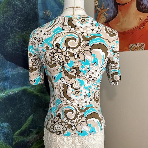 st. john retro floral swirl fitted stretch top preppy vintage - Picture 3 of 5